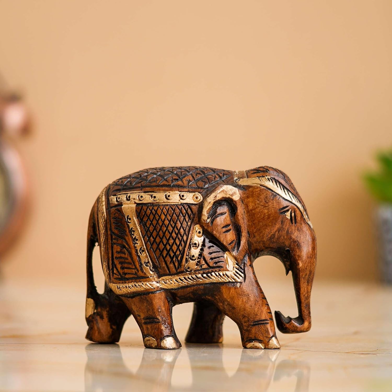 Bushra MegaMart Rajasthani Tribal Handmade Wooden Elephant Statue – Antique Design for Home, Office, Hotel, and Resort Décor | Good Luck and Prosperity Showpiece (Brown)