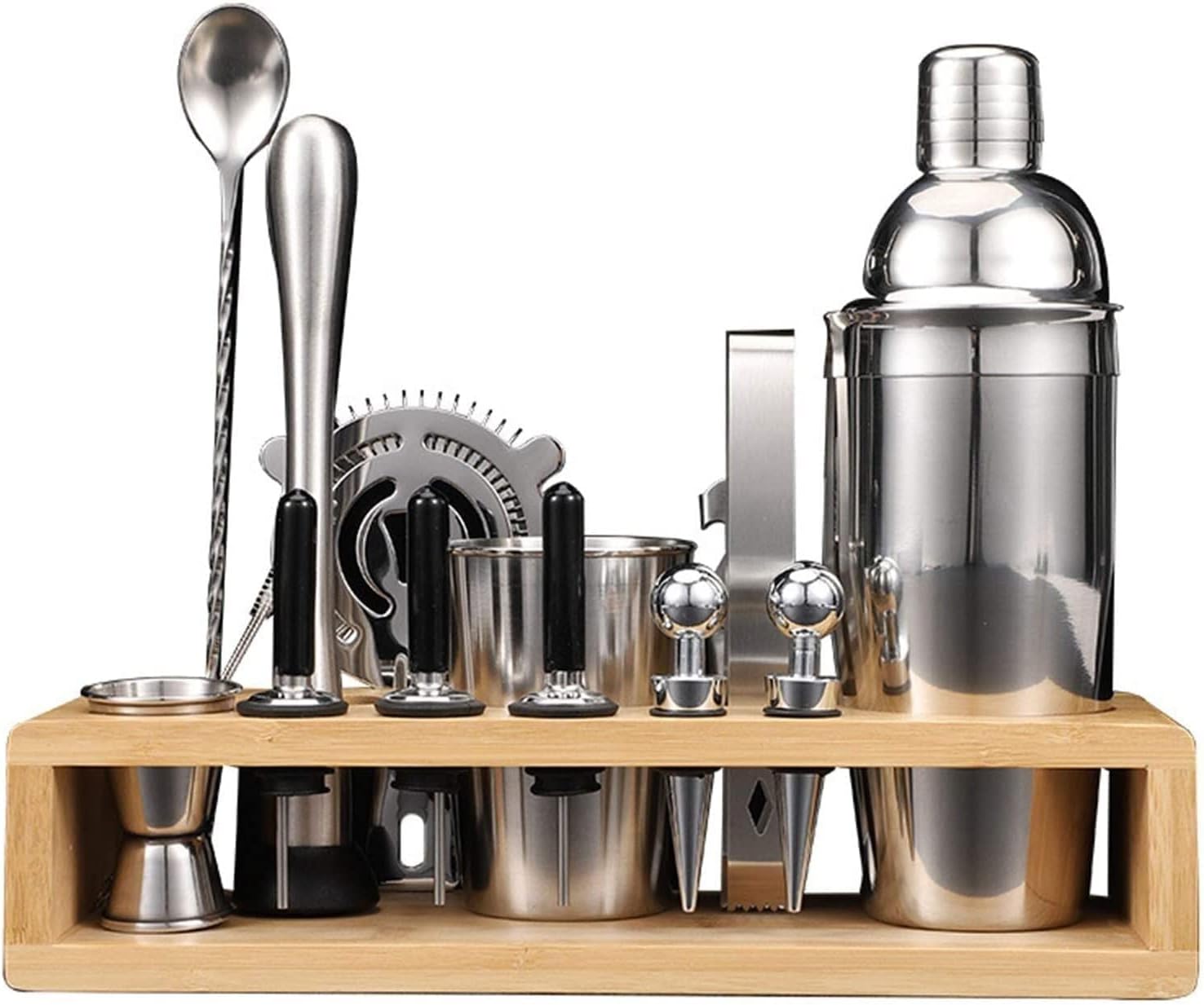 Cocktail Making Set, 14 Pcs Cocktail Shaker Set Stainless Steel Bar Tool Set Bartender Kit with Wooden Display Stand Home Essentials Good wine with beauty device