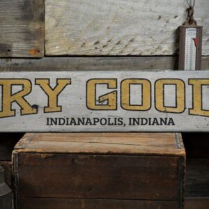 Dry Goods City State Wood Sign, Custom Mercantile Store Location Name Kitchen Home Decor - Rustic Hand Made Vintage Wooden Sign - 9.25 x 48 Inches