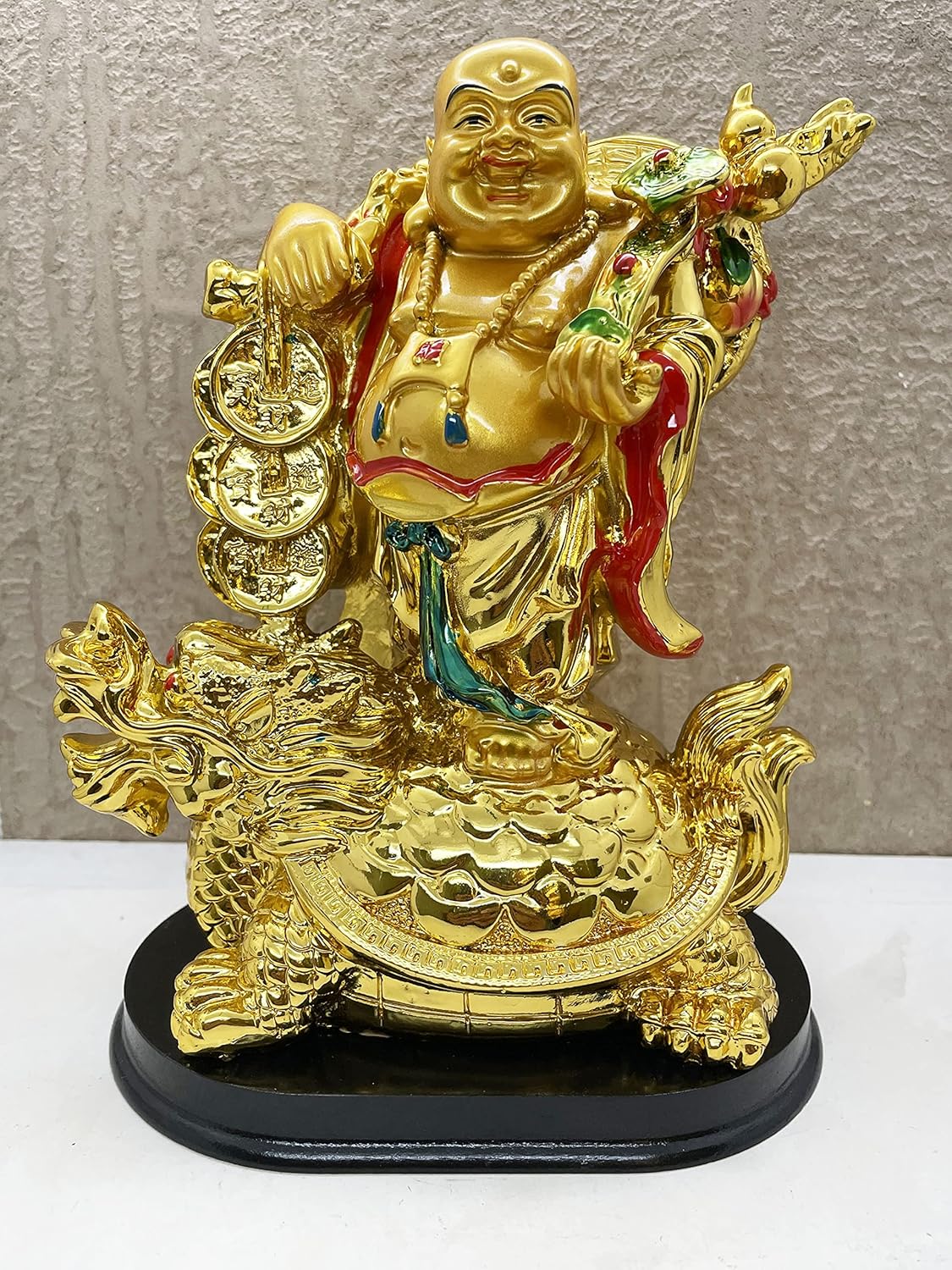 Exclusive Polyresin Medium Size Happy Man with Turtle On Wooden Base for Money, Wealth & Good Luck, Decorative Idol Statue Showpiece for Home Decoration (FS-2714) - Image 7