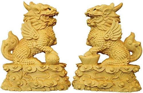 Large Ornaments A Pair of Chinese Feng Shui Qi Lin/Chi Lin Kylin Statues,Wooden Decor Prosperity Figurine Home and Office,Attract Wealth and Good Luck,Sculpture Ornament Made Large Ornaments
