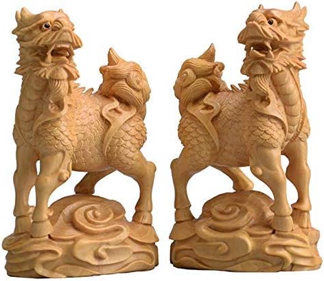 Large Ornaments A Pair of Feng Shui Qilin/Chi Lin Kylin Statues,Chinese Wooden Decor Prosperity Figurine Home and Office,Attract Wealth and Good Luck,Sculpture Ornament Made Large Ornaments