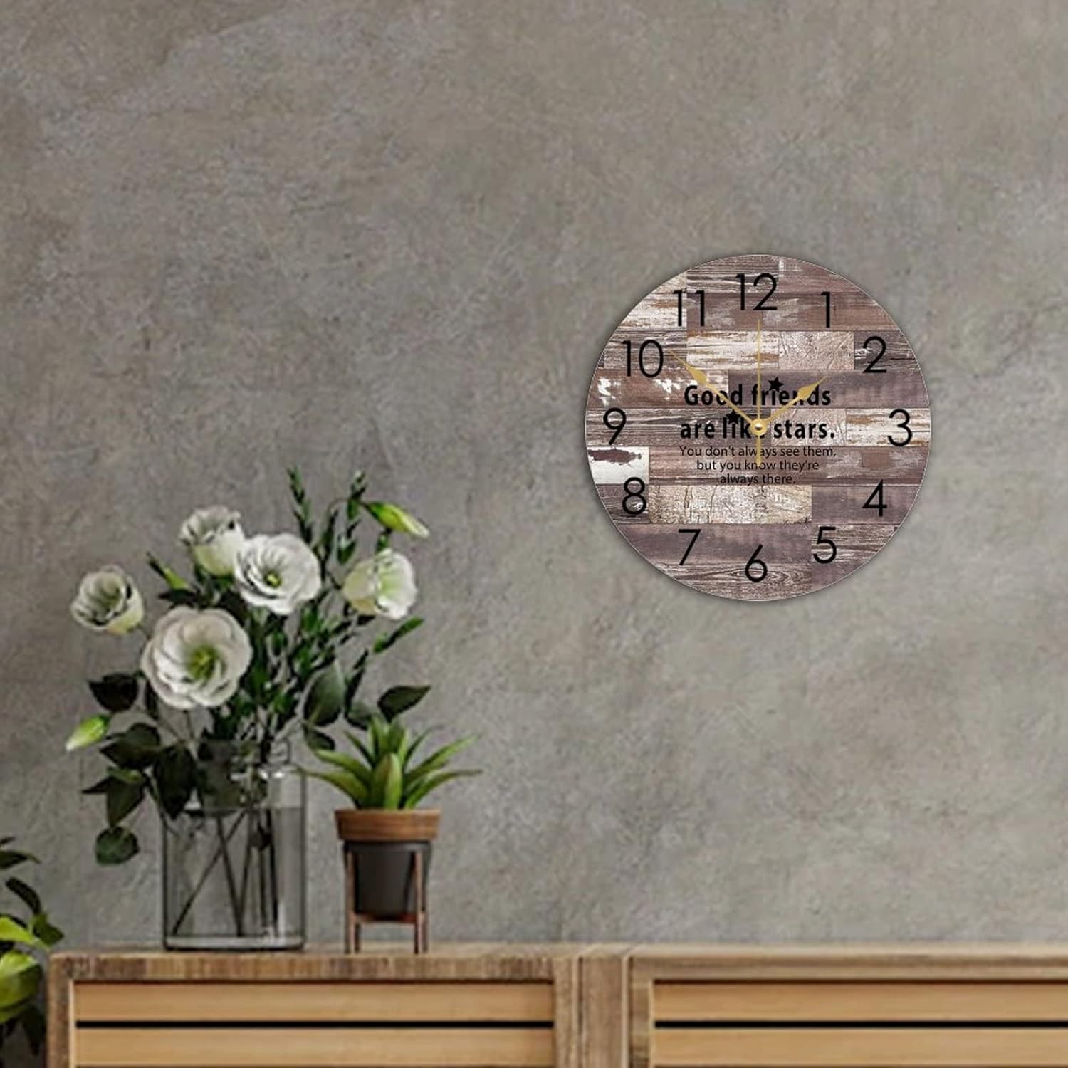 WengBeauty Wooden Round Wall Clock Good Friends are Like Stars Wall Clock Coworker Xmas Clock Silent & Non-Ticking Living Room Kitchen Home Bathroom 15"x15" - Image 3