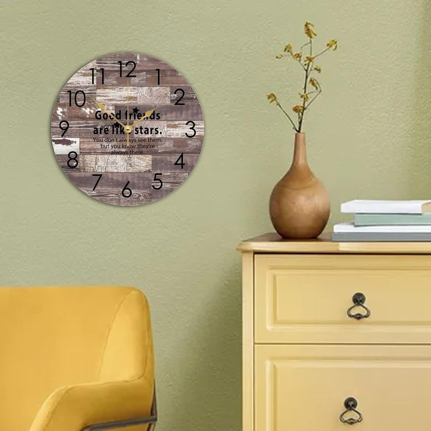 WengBeauty Wooden Round Wall Clock Good Friends are Like Stars Wall Clock Coworker Xmas Clock Silent & Non-Ticking Living Room Kitchen Home Bathroom 15"x15" - Image 2