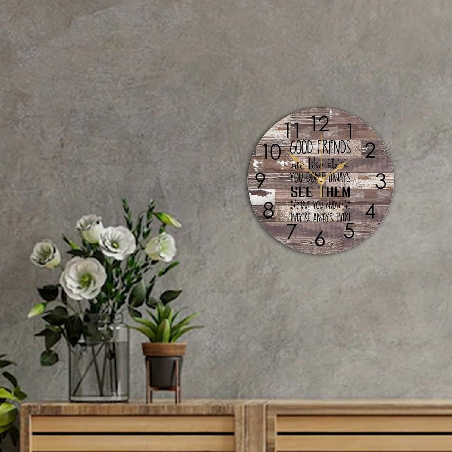 WengBeauty Wooden Round Wall Clock Good Friends are Like Stars Wall Clocks Mate Gift Birthday Clock Silent Non Ticking for Home Dining Room Laundry Room Front Door 15"x15" - Image 2