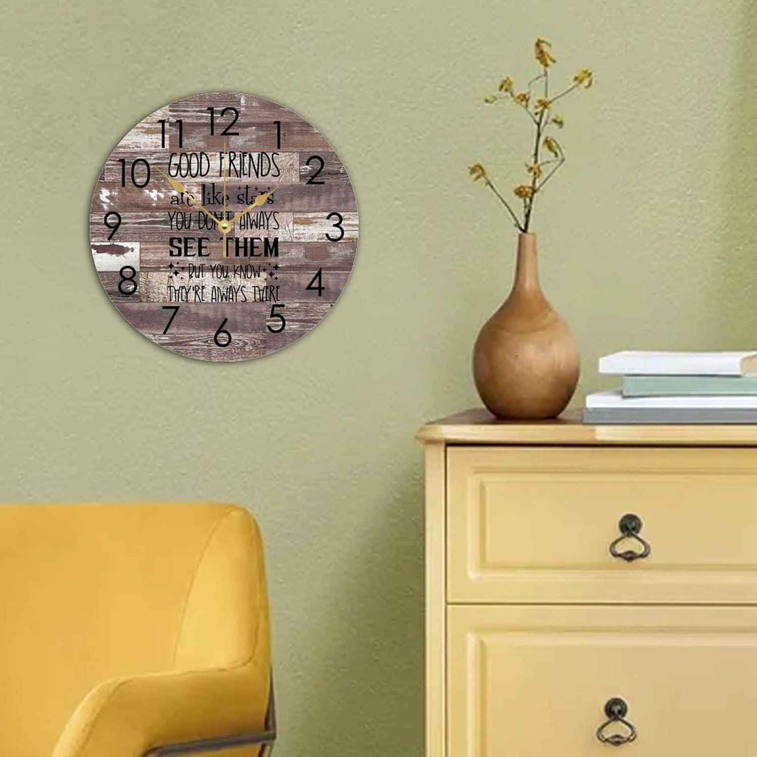 WengBeauty Wooden Round Wall Clock Good Friends are Like Stars Wall Clocks Mate Gift Birthday Clock Silent Non Ticking for Home Dining Room Laundry Room Front Door 15"x15" - Image 4