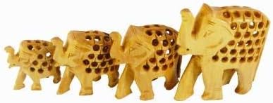 Wooden Jaali up Trunk Elephant Baby Set of 4 Showpiece Home Decor Showpiece (400g) II Attractive Wood Showpiece Hathi Statue II Gift Ideal II Good Luck Wishes by Indian Collectible - Image 3