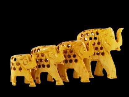 Wooden Jaali up Trunk Elephant Baby Set of 4 Showpiece Home Decor Showpiece (400g) II Attractive Wood Showpiece Hathi Statue II Gift Ideal II Good Luck Wishes by Indian Collectible